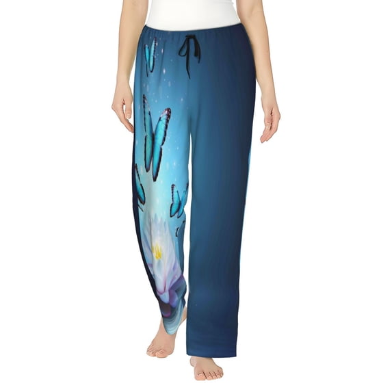 Haiem Butterflies And Waterlily In Water Women's Pajama Pants Ultra Lightweight Pjs Bottoms Sleepwear Bottom Pants With Pocket Drawstring-Small
