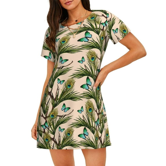 Haiem Butterflies And Peacock Feathers Print Women’s Short-sleeved Nightdress – Comfortable and Loose-Fit Sleepwear, Soft Cotton Sleep Shirt for Relaxing, Casual Nightdress