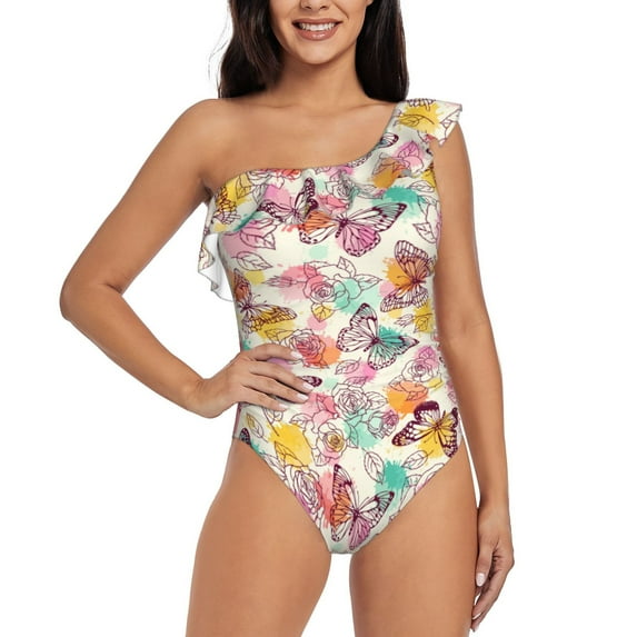 Haiem Butterflies and Roses Women's One Piece Swimsuits Tummy Control One Shoulder Bathing Suits Ruffle Swimwear-Small