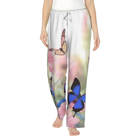 Haiem Butterfly And Flowers Women's Pajama Pants Ultra Lightweight Pjs Bottoms Sleepwear Bottom Pants With Pocket Drawstring-X-Large