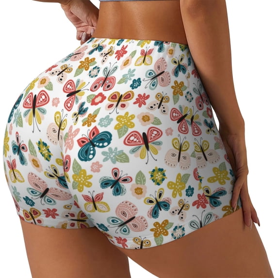 Haiem Butterfly Flowers No Front Seam Biker Shorts for Women Yoga Workout Gym Bike Shorts with Tummy Control Moisture-Wicking-