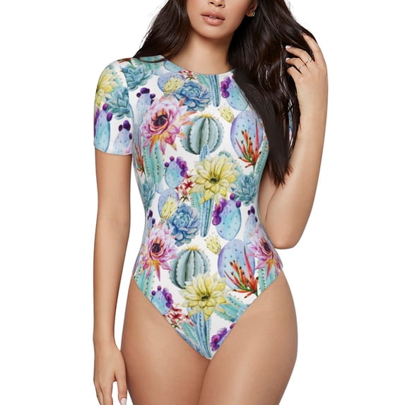 Haiem Cactus1 Women's Crew Neck Short Sleeve Bodysuit Tops Stretchy Slim Basic-X-Large