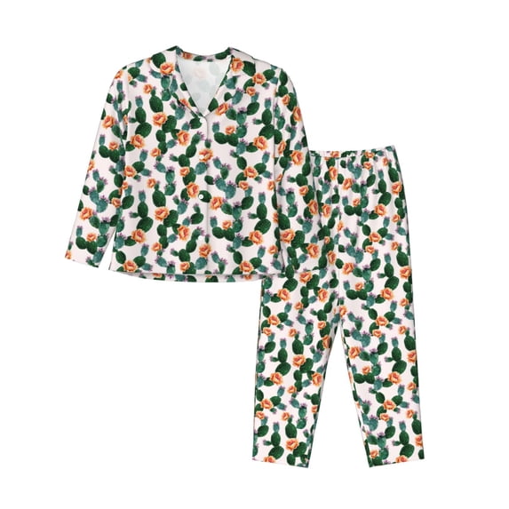 Haiem Cactuses Pattern Women’s Long-sleeve Sleepwear,Sleepwear Set,2-piece Loungewear Set,Soft PJs Comfy Nightwear with Pockets-X-Large