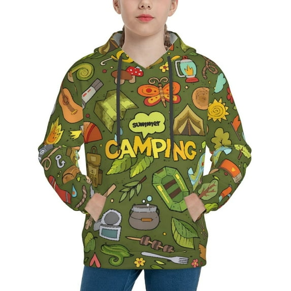 Haiem Camping 1 Pattern Boys Hoodie, Youth Pullover Hooded Sweatshirt, Kangaroo Pocket Hoodie for Kids Girls -Large