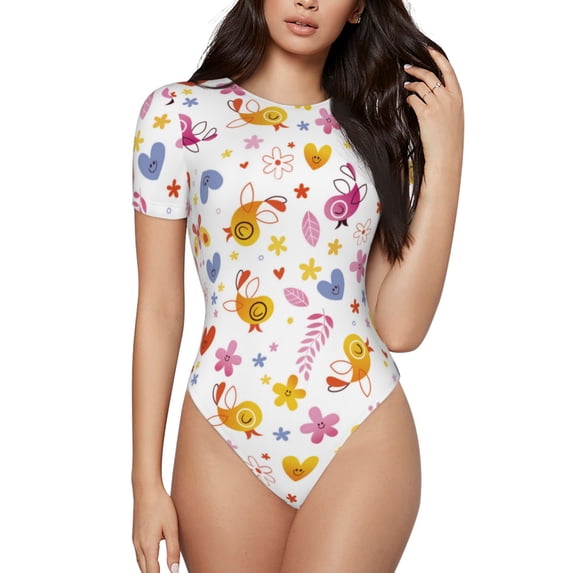 Haiem Cartoon Birds & Flowers Women's Crew Neck Short Sleeve Bodysuit Tops Stretchy Slim Basic-Medium