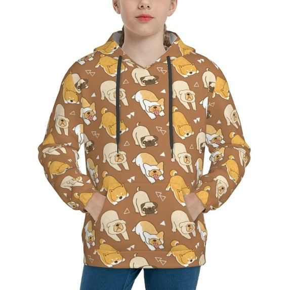Haiem Cartoon Bulldog Pattern Boys Hoodie, Youth Pullover Hooded Sweatshirt, Kangaroo Pocket Hoodie for Kids Girls -Large