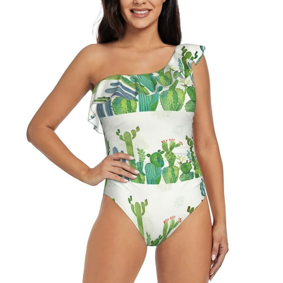 Haiem Cartoon Cactus Women's One Piece Swimsuits Tummy Control One Shoulder Bathing Suits Ruffle Swimwear-Small