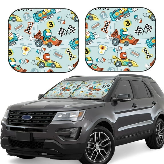 Haiem Cartoon Car Racing Car Windshield Sun Shade (2 Pieces) Foldable Windshield Sun Shade Car Accessories for Truck SUV Pickup-Large