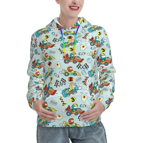 Haiem Cartoon Car Racing for Women's Fashion Hoodies & Sweatshirts with Kangaroo Pocket,Hooded Sweatshirt with Eye-catching Drawstrings-X-Large