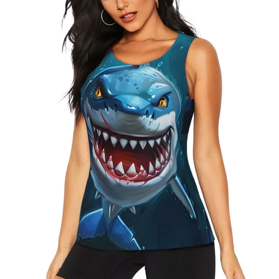 Haiem Cartoon Cute Shark Printed Women's Workout Tank Top, Quick-Dry Sleeveless Gym Shirt, Breathable Lightweight Athletic Top for Running, Yoga, and Casual Wear-Medium