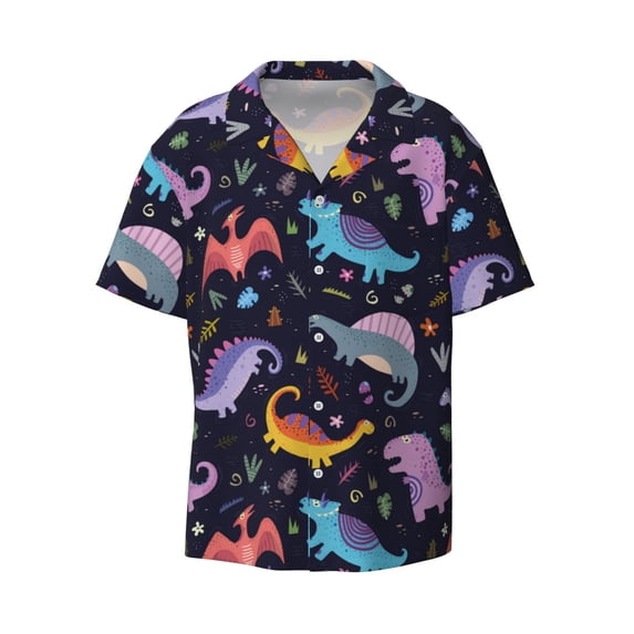 Haiem Cartoon Dinosaur Men's Casual Shirts Short Sleeve Button Down Shirts Fashion Textured Summer Beach Shirt-Large