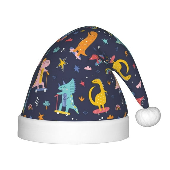Haiem Cartoon Dinosaur Pattern Santa Hat Confortable Velvet Christmas Hat for Christmas Party Favors Fit for Adults and Kids