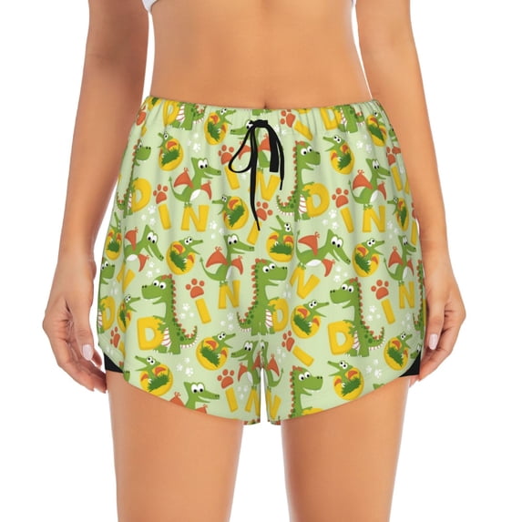Haiem Cute Dinosaurs Women's 2 in 1 Running Shorts - Lightweight Athletic Workout Gym Yoga Breathable Sports Shorts Liner with Phone Pockets-XX-Large
