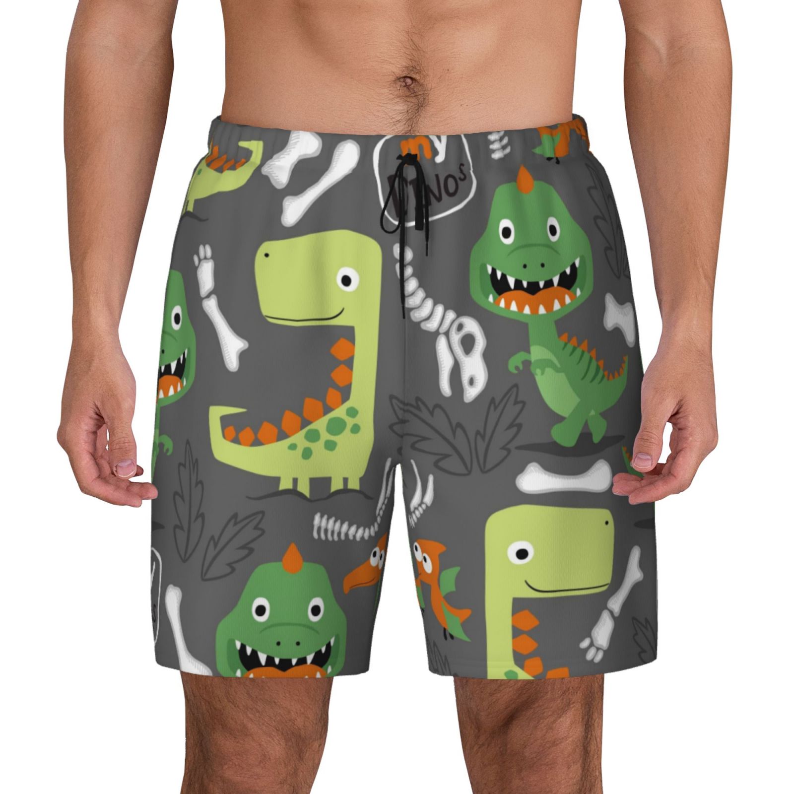 Haiem Cartoon Dinosaurs Mens Swim Trunks with Compression Liner 2 in 1