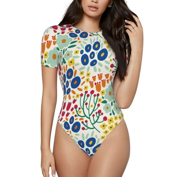 Haiem Cartoon Flowers Women's Crew Neck Short Sleeve Bodysuit Tops Stretchy Slim Basic-Large