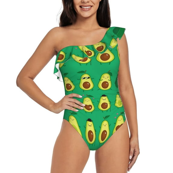 Haiem Cartoon Fruit 1 Women's One Piece Swimsuits Tummy Control One Shoulder Bathing Suits Ruffle Swimwear-Large