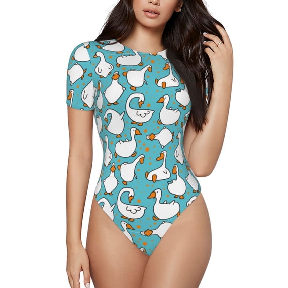 Haiem Cartoon Funny Goose Women's Crew Neck Short Sleeve Bodysuit Tops Stretchy Slim Basic-Medium