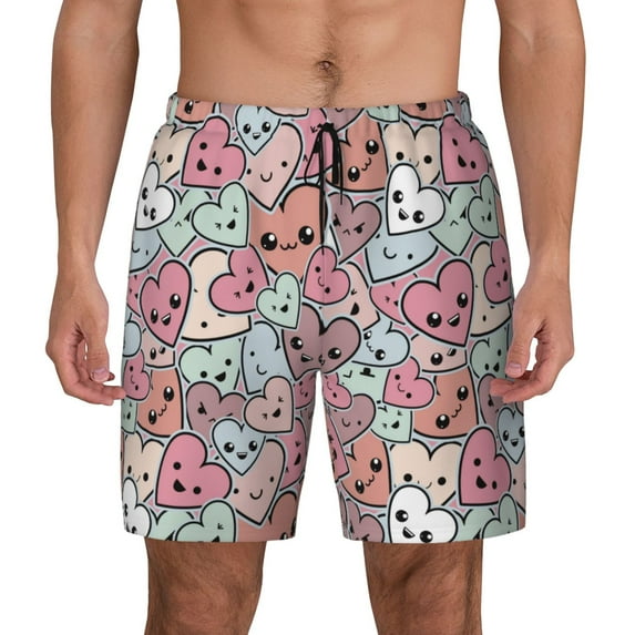 Haiem Cartoon Hearts Mens Swim Trunks with Compression Liner 2 in 1 Swimming Shorts Stretch Swimwear Quick Dry,Board Shorts-X-Large