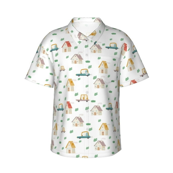 Haiem Cartoon House Printed Hawaiian Shirt for Men - Men’s Casual Beach Summer Shirts - Stretch Fabric with Modern Fit-XX-Large