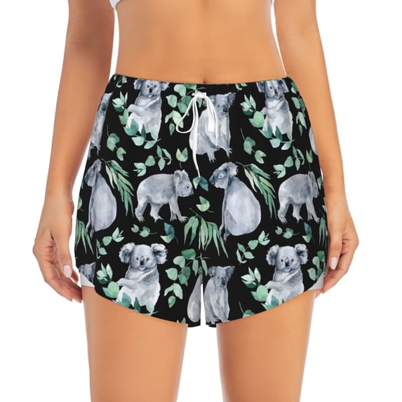 Haiem Cartoon Koala Bear Women's 2 in 1 Running Shorts - Lightweight Athletic Workout Gym Yoga Breathable Sports Shorts Liner with Phone Pockets-Large