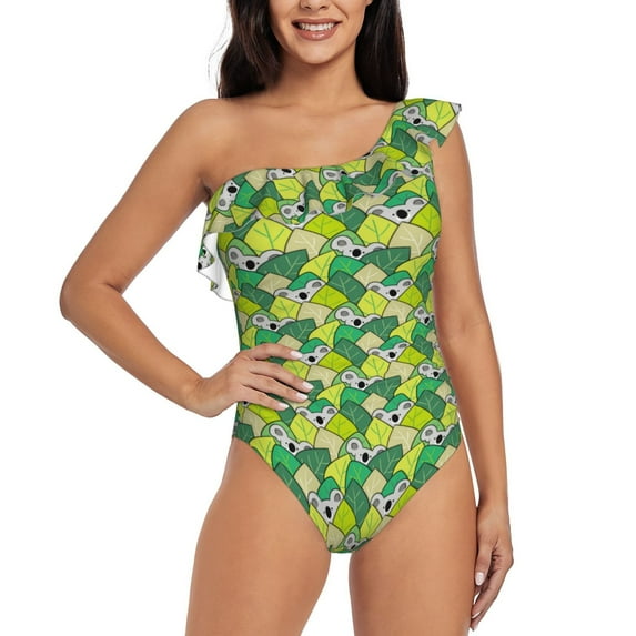 Haiem Cartoon Koala Bear and Leaf Women's One Piece Swimsuits Tummy Control One Shoulder Bathing Suits Ruffle Swimwear-X-Large