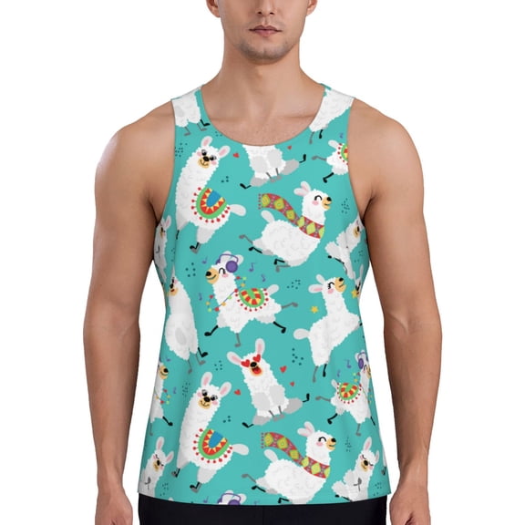 Haiem Cartoon Llamas Men Workout Tank Top Gym Bodybuilding Sleeveless Muscle T Shirts Athletic Tank Breathable Workout Shirt-X-Large