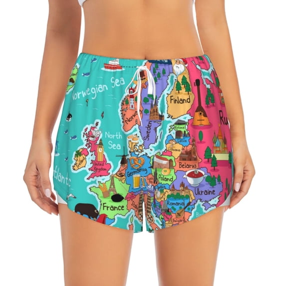 Haiem Cartoon Map Of Europe Women's 2 in 1 Running Shorts - Lightweight Athletic Workout Gym Yoga Breathable Sports Shorts Liner with Phone Pockets-Small