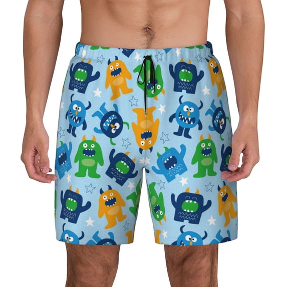Haiem Cartoon Monster Mens Swim Trunks with Compression Liner 2 in 1 Swimming Shorts Stretch Swimwear Quick Dry,Board Shorts-Small