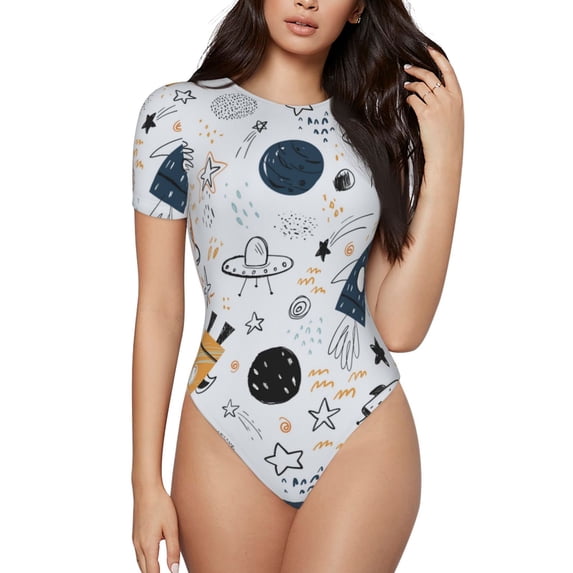 Haiem Cartoon Planets Women's Crew Neck Short Sleeve Bodysuit Tops Stretchy Slim Basic-XX-Large