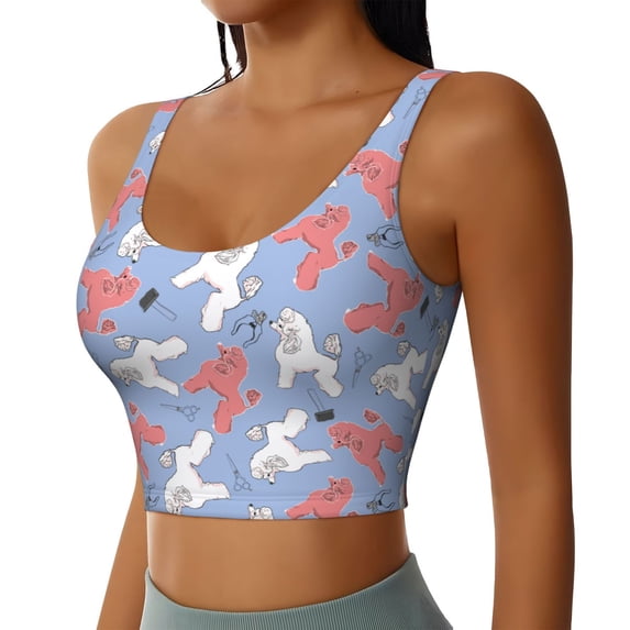 Haiem Cartoon Poodle Dog Pattern Womens Sports Bra - U Neck Padded Low Impact Yoga Bra Workout Crop Top Gym Moisture-Wicking Workout Vest -X-Large