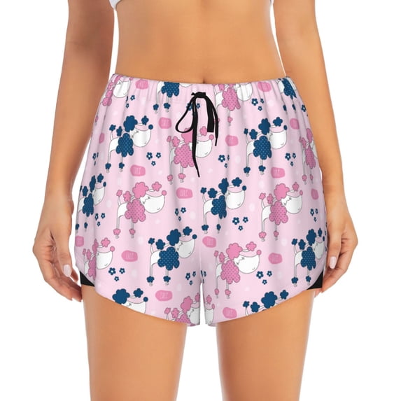 Haiem Cartoon Poodle Dog Women's 2 in 1 Running Shorts - Lightweight Athletic Workout Gym Yoga Breathable Sports Shorts Liner with Phone Pockets-