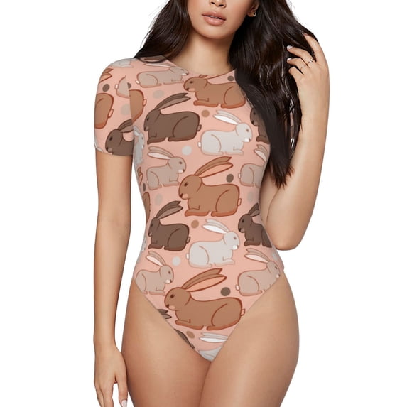 Haiem Cartoon Rabbit Women's Crew Neck Short Sleeve Bodysuit Tops Stretchy Slim Basic-Small