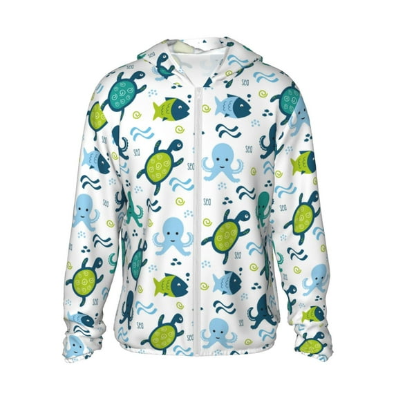 Haiem Cartoon Sea Creatures UPF 50+ Fishing Shirts for Men Long Sleeve UV Sun Protection Hoodie Non-Mask Outdoor Hiking Shirts