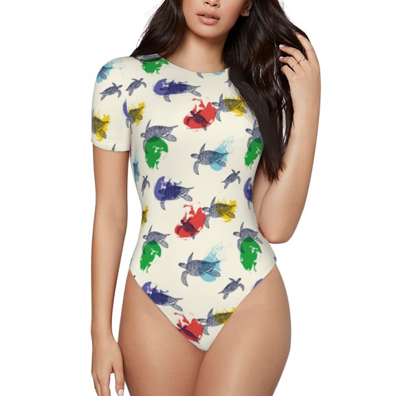 Haiem Cartoon Sea Turtle Women's Crew Neck Short Sleeve Bodysuit Tops Stretchy Slim Basic-X-Large
