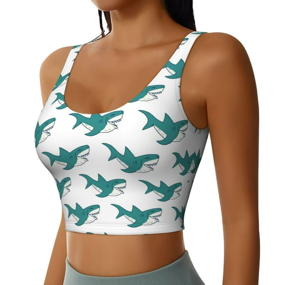 Haiem Cartoon Shark Pattern Womens Sports Bra - U Neck Padded Low Impact Yoga Bra Workout Crop Top Gym Moisture-Wicking Workout Vest -X-Large