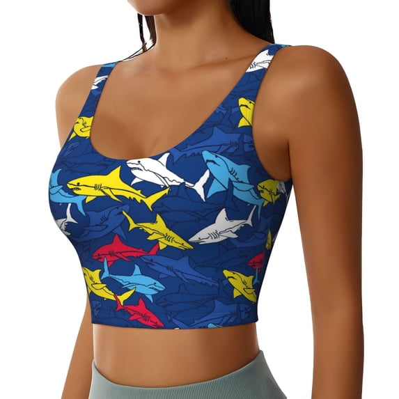 Haiem Cartoon Shark Pattern Womens Sports Bra - U Neck Padded Low Impact Yoga Bra Workout Crop Top Gym Moisture-Wicking Workout Vest -XX-Large