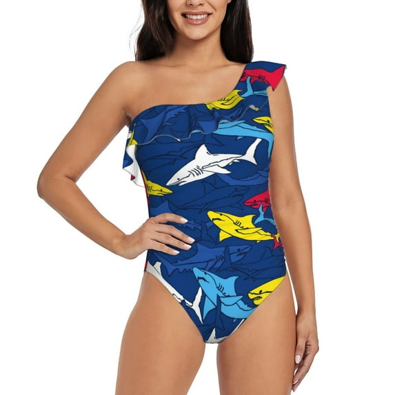 Haiem Cartoon Shark Women's One Piece Swimsuits Tummy Control One Shoulder Bathing Suits Ruffle Swimwear-Small