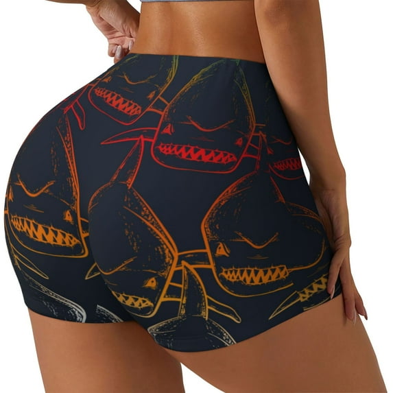 Haiem Cartoon Sharks No Front Seam Biker Shorts for Women Yoga Workout Gym Bike Shorts with Tummy Control Moisture-Wicking-XX-Large