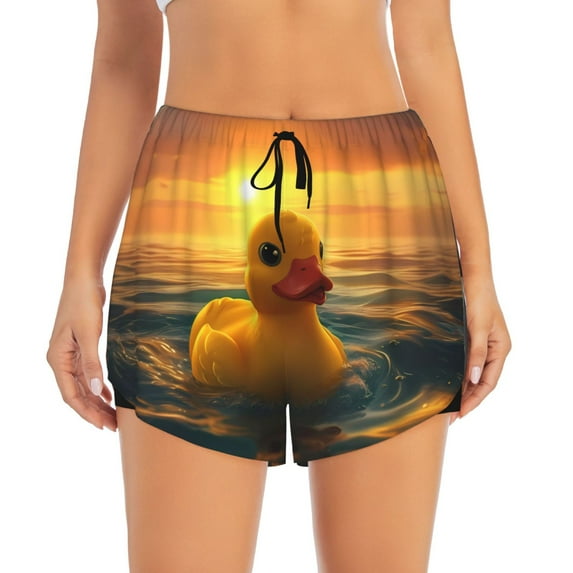 Haiem Cartoon Swimming Yellow Duck Women's 2 in 1 Running Shorts - Lightweight Athletic Workout Gym Yoga Breathable Sports Shorts Liner with Phone Pockets-XX-Large