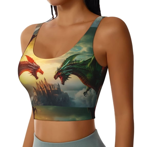 Haiem Castle Red Green Sky Dragon Pattern Womens Sports Bra - U Neck Padded Low Impact Yoga Bra Workout Crop Top Gym Moisture-Wicking Workout Vest -
