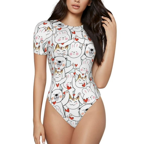 Haiem Cat Bear Rabbit Women's Crew Neck Short Sleeve Bodysuit Tops Stretchy Slim Basic-Large
