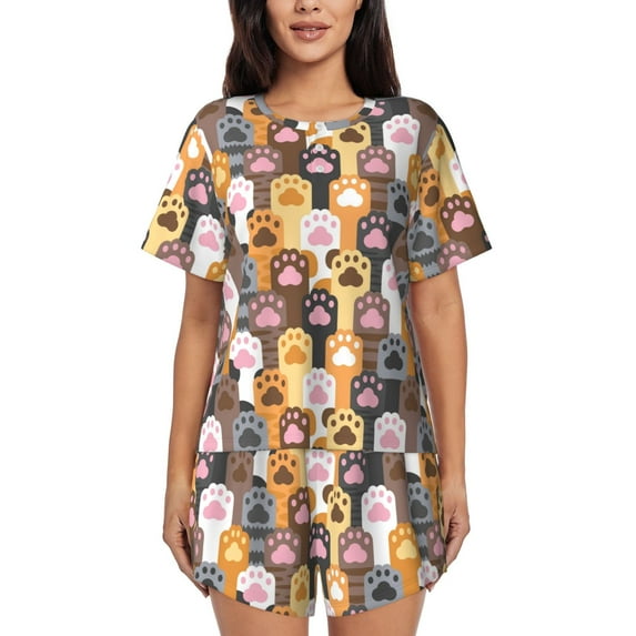 Haiem Cat Paw (2) Pattern Pajama Set for Women 2 Piece Lounge Set Short Sleeve Tops and Shorts Soft Sleepwear-Small