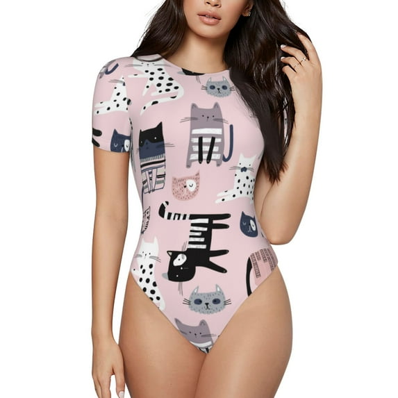 Haiem Cat Women's Crew Neck Short Sleeve Bodysuit Tops Stretchy Slim Basic-Small