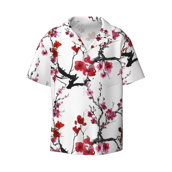 Haiem Cherry Blossoms Men's Casual Shirts Short Sleeve Button Down Shirts Fashion Textured Summer Beach Shirt-X-Large