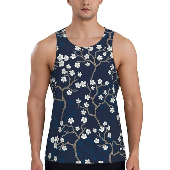 Haiem Cherry Blossoms on Navy Background Men Workout Tank Top Gym Bodybuilding Sleeveless Muscle T Shirts Athletic Tank Breathable Workout Shirt-XX-Large