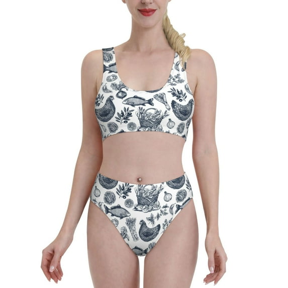 Haiem Chicken And Fish Women's High Waisted Bikini Set Two Piece Bathing Suits High Cut Bikini Cut Out Swimsuits Scoop Neck Swimsuit-Large