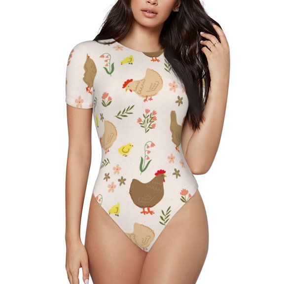 Haiem Chicken Family Women's Crew Neck Short Sleeve Bodysuit Tops Stretchy Slim Basic-X-Large