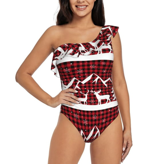 Haiem Christmas Buffalo Plaid Women's One Piece Swimsuits Tummy Control One Shoulder Bathing Suits Ruffle Swimwear-Medium