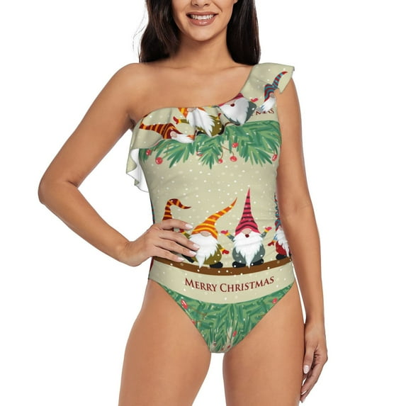 Haiem Christmas Card With Gnomes Women's One Piece Swimsuits Tummy Control One Shoulder Bathing Suits Ruffle Swimwear-Large