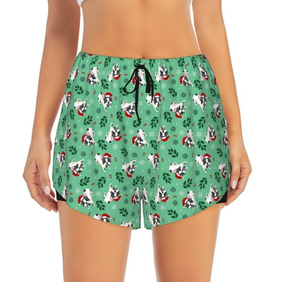 Haiem Christmas French Bulldog Women's 2 in 1 Running Shorts - Lightweight Athletic Workout Gym Yoga Breathable Sports Shorts Liner with Phone Pockets-XX-Large